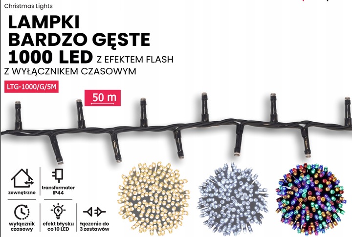 ZEWNĘTRZNE LAMPKI CHOINKOWE 1000 LED GĘSTE 50m KOLOROWE + FLESZ