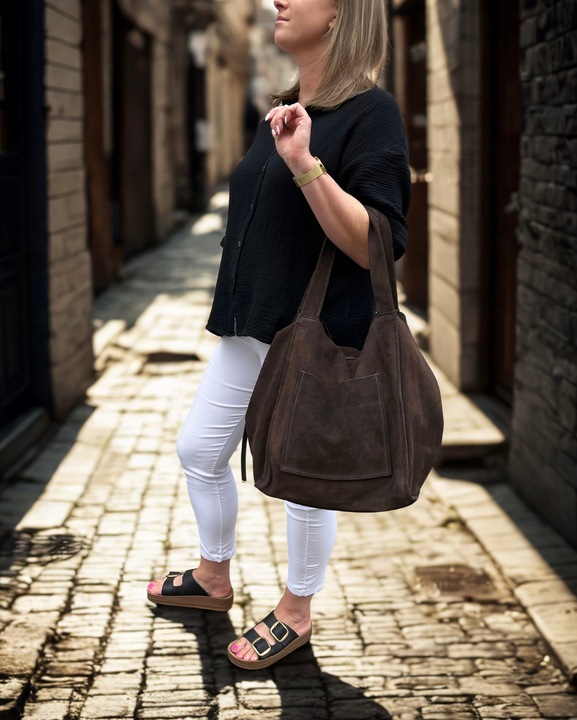 Czekoladowa zamszowa torebka shopper worek XL ZAMSZ NATURALNY Vera Pelle A4