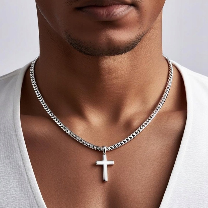 SREBRNY Łańcuszek z Krzyżykiem Męski Diamentowany Krzyż Włoski + GRATIS