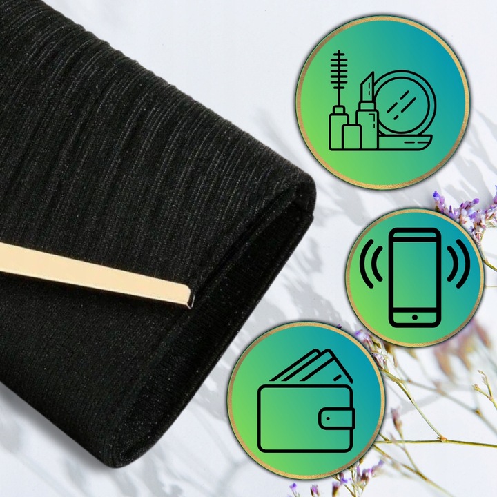 Torebka Wieczorowa Czarna Kopertówka Błyszcząca Ślub Wesele Wizytowa mała