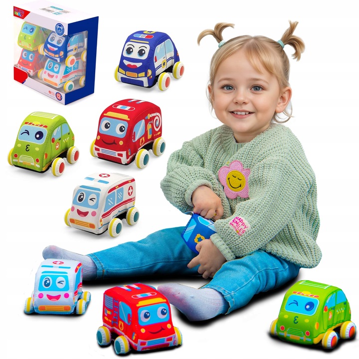 PLUSZOWE MIĘKKIE AUTKA SAMOCHODZIKI Z NAPĘDEM ZESTAW 4 SZTUK