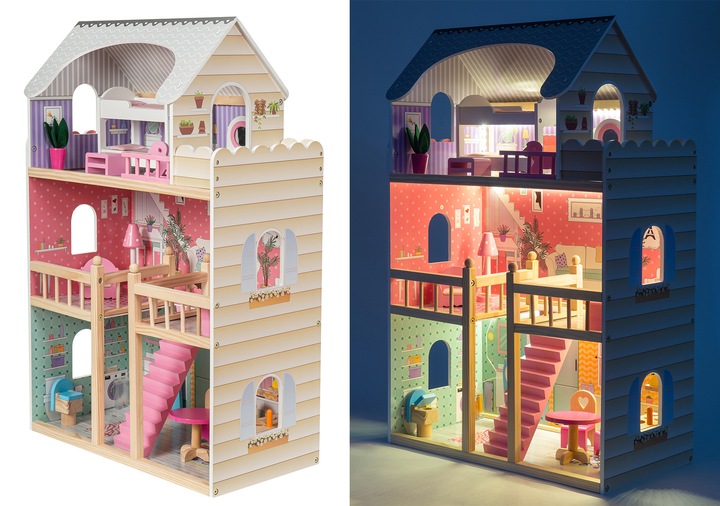 Domek dla Lalek Drewniany Duży Oświetlenie LED Mebelki 3 Poziomy - XL 90cm