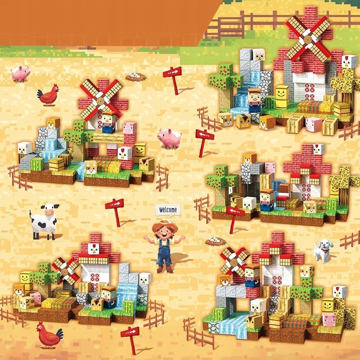 KLOCKI MAGNETYCZNE KLOCKI SZEŚCIANY FARMA 150 KLOCKÓW PIKSELE DLA DZIECI