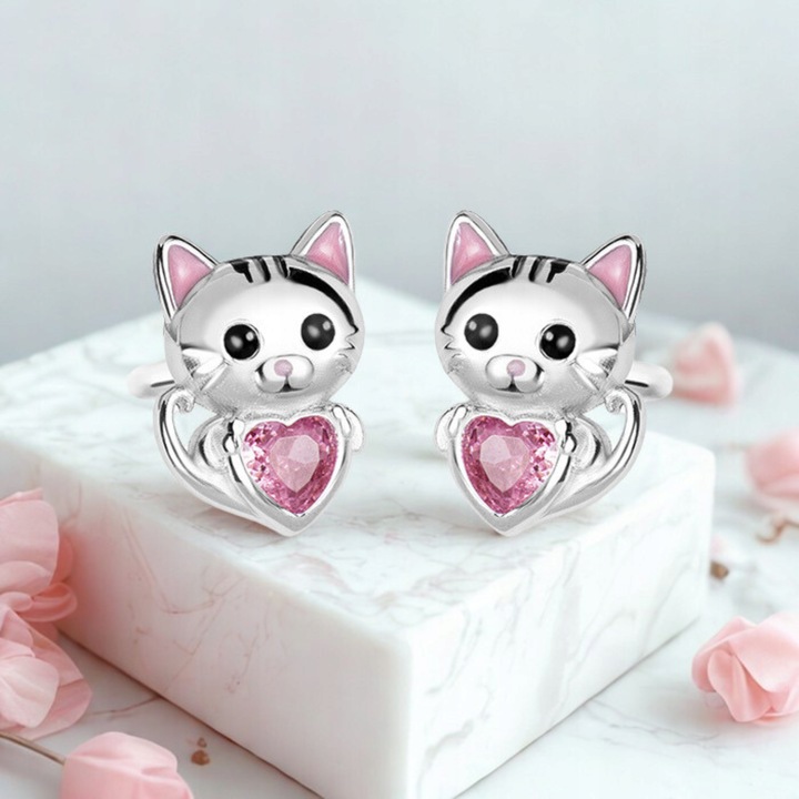 Kolczyki Srebrne Dla Dziewczynki Rodowane Kotki Srebro 925 Sztyfty Serce
