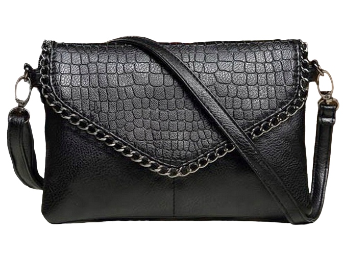 Torebka Damska CZARNA Kopertówka Łańcuch na Ramię Pasek EKO Skóra Krokodyla