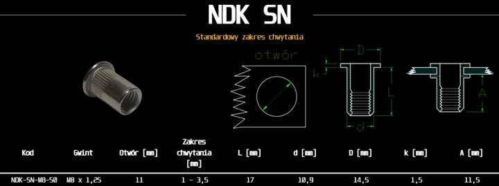 Nitonakrętka Stal Nierdzewna A2 Duży Kołnierz Chwyt 1-3,5 mm M8 50 szt