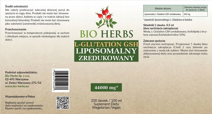 L-GLUTATION GSH LIPOSOMALNY ZREDUKOWANY 200 dawek 100ml FORTE