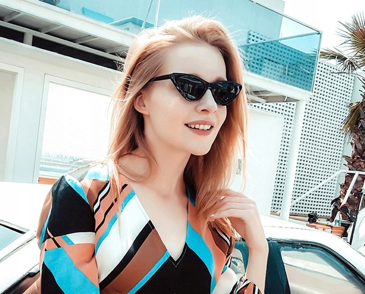 Okulary pilotki KOCIE OKO czarne PROSTOKĄTNE retro Damskie Przeciwsłoneczne