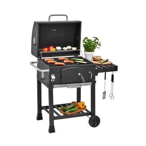 Grill Węglowy na Kółkach z Półką Pokrywą Ogrodowy Przenośny Żeliwny Ruszt