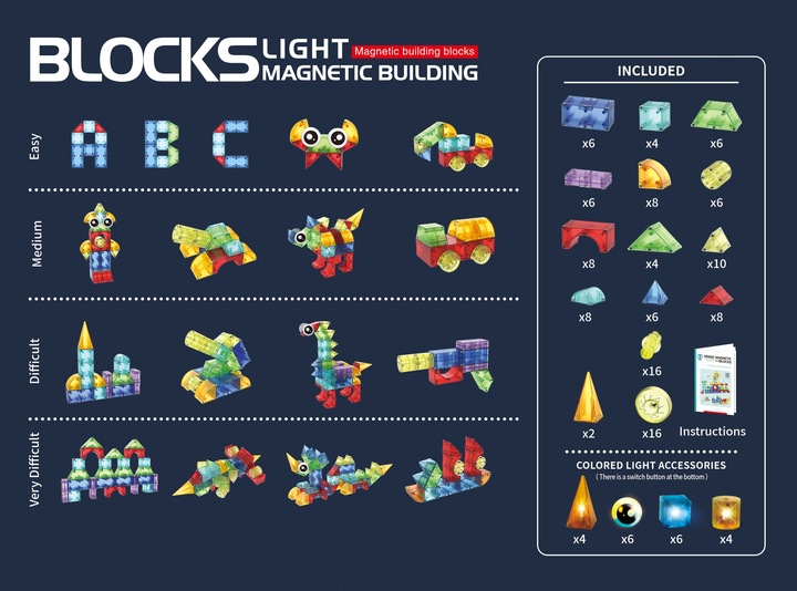 ŚWIECĄCE KLOCKI MAGNETYCZNE KONSTRUKCYJNE 3D134 elementów