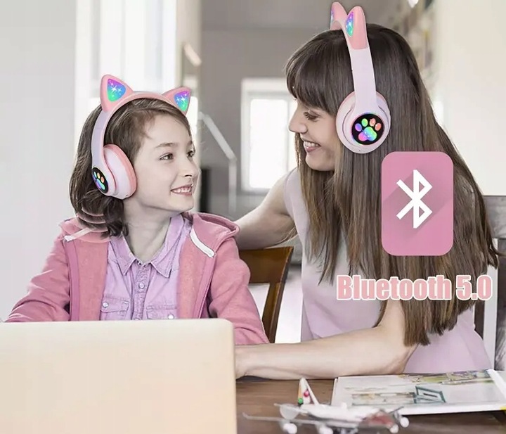 Słuchawki Kotki dla dzieci Bluetooth LED RGB Różowe Kocie Uszy