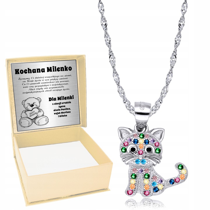 Srebrny Łańcuszek 925 Wisiorek Kotek Grawer