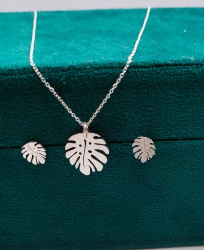 KOMPLET SREBRNY LISTKI MONSTERA SREBRO 925