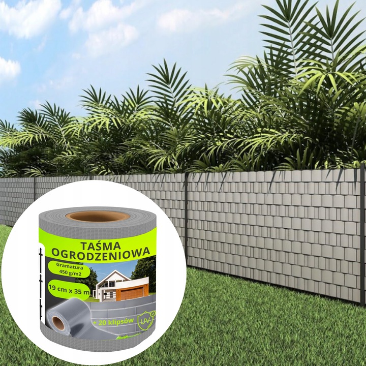 TAŚMA OGRODZENIOWA JASNOSZARA 19x35m OSŁONA NA OGRODZENIE PANELOWE PŁOT +UV