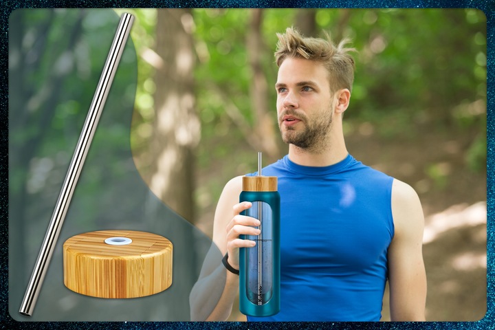 BUTELKA SZKLANA NA WODĘ NAPOJE ZE SŁOMKĄ SITKIEM SZCZELNA DUŻA BIDON 1,2L