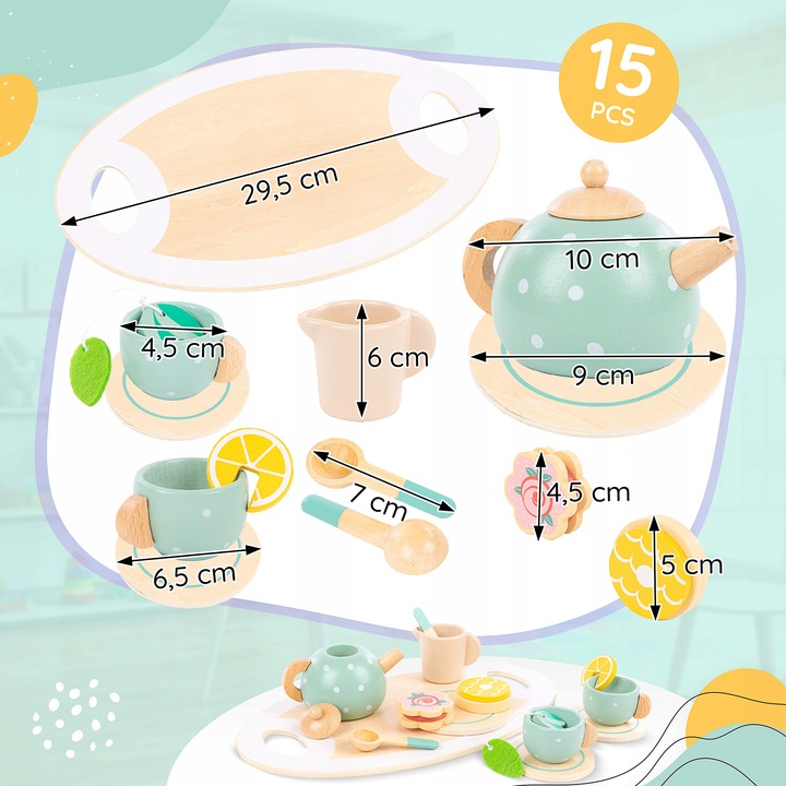 DREWNINAY ZESTAW DO HERBATY DLA DZIECI KINDERPLAY AKCESORIA + TACA