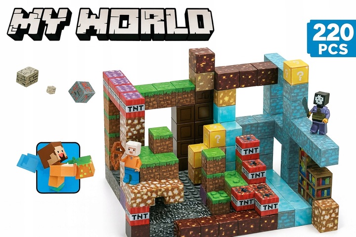 KLOCKI MAGNETYCZNE SZEŚCIANY BLOKI KLOCKI PIKSELE 220 KLOCKÓW + 2 LUDZIKI