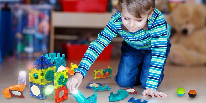 KLOCKI MAGNETYCZNE KONSTRUKCYJNE ŚWIECĄCY TOR Dla Dzieci MAGNETIC TILES 75