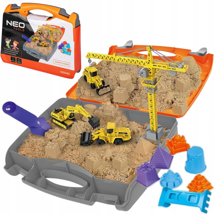 PIASEK KINETYCZNY PLAC BUDOWY ZESTAW W WALIZCE DŹWIG KOPARKA WALEC ZABAWKA