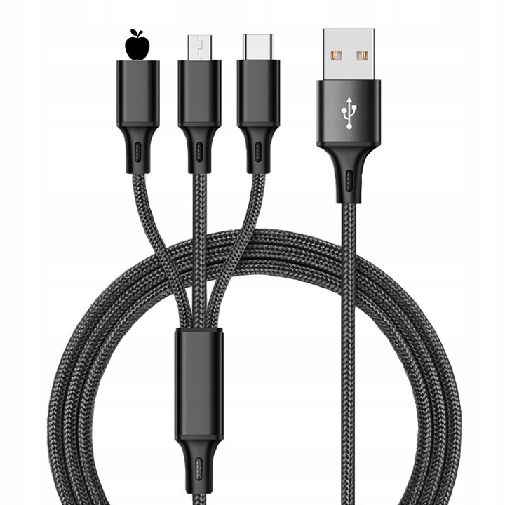 ŁADOWARKA SAMOCHODOWA 2x USB + KABEL 3W1 USB-C MICRO USB APPLE LIGHTNING