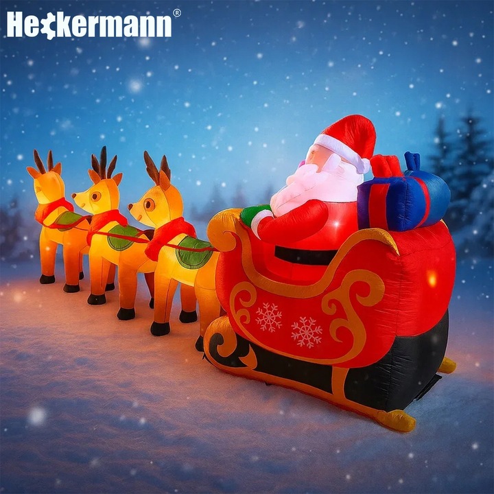 DMUCHANY MIKOŁAJ Z RENIFERAMI ŚWIĄTECZNA DEKORACJA SANIE DMUCHANIEC 310cm