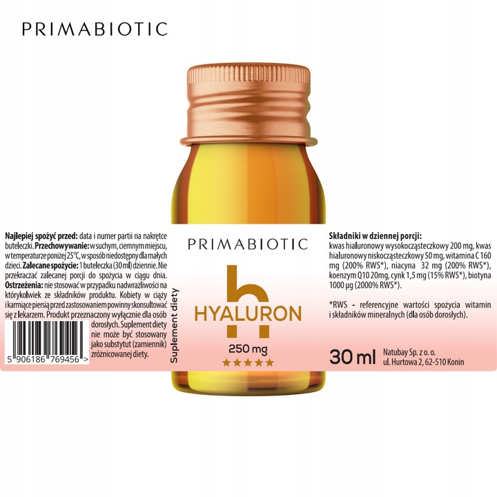Kwas Hialuronowy PRIMABIOTIC HYALURON Koenzym Q10 250 mg 30mlx30szt.