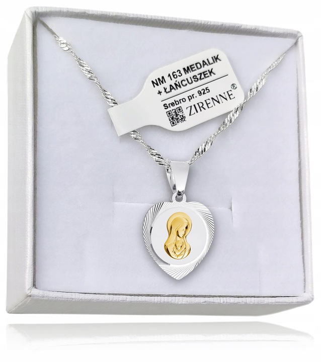 Medalik Komunijny Łańcuszek Srebrny Matka Boska Serce do Komunii do Chrztu