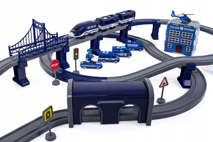 KOLEJKA ELEKTRYCZNA TORY POJAZDY MOSTY DOMKI POCIĄG WAGONY 92 elementów