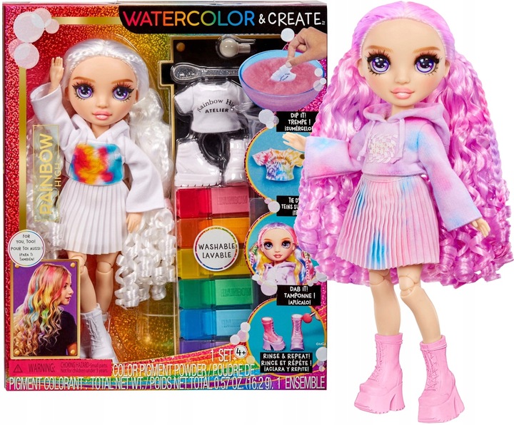 RAINBOW HIGH WATERCOLOR & CREATE LALKA DO MALOWANIA FIOLETOWE OCZY 507581