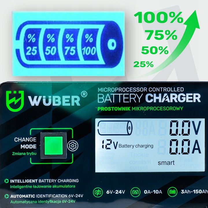 PROSTOWNIK 6/8/12/14/16/24V MIKROPROCESOROWY ŁADOWARKA DO AKUMULATORA 10A