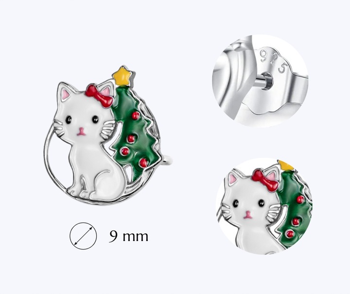 KOLCZYKI SREBRNE DLA DZIEWCZYNKI KOTKI ŚWIĄTECZNE ASYMETRYCZNE NA PREZENT