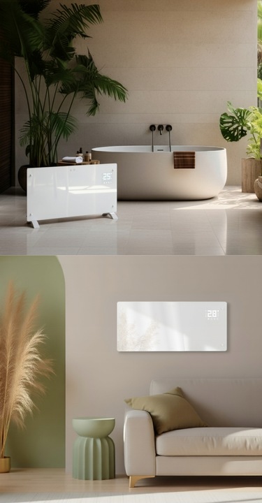 Grzejnik elektryczny szklany konwektorowy Glow 2500W LED WiFi Tuya biały