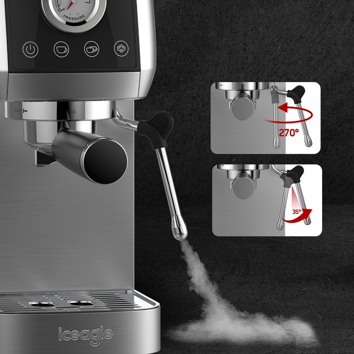 Iceagle Ekspres do kawy espresso CM1665, manometr, 20 barowa włoska pompa