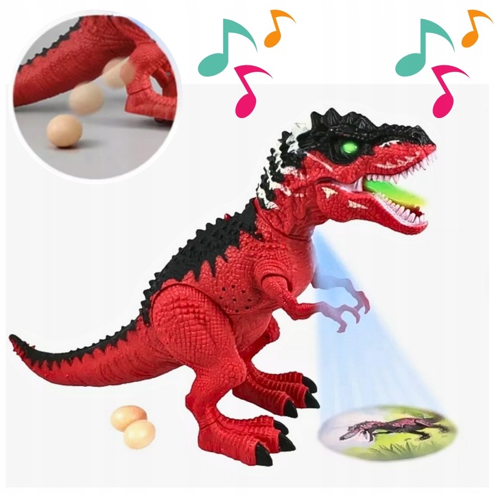 DUŻY DINOZAUR T-REX Z PROJEKTOREM Chodzi Ryczy ZNOSI JAJA Czerwony