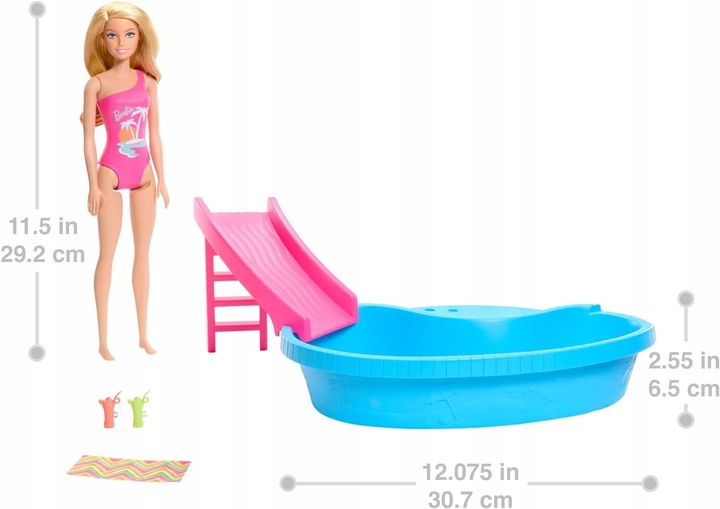 LALKA BARBIE BASEN zestaw basen ze zjeżdżalnią + lalką Barbie w kostiumie
