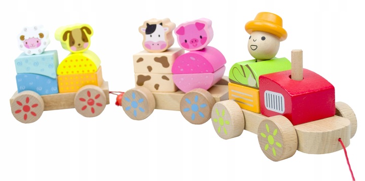 LT333 NOWY DREWNIANY POCIĄG Z WAGONAMI I KLOCKAMI WIEJSKA SCENERIA