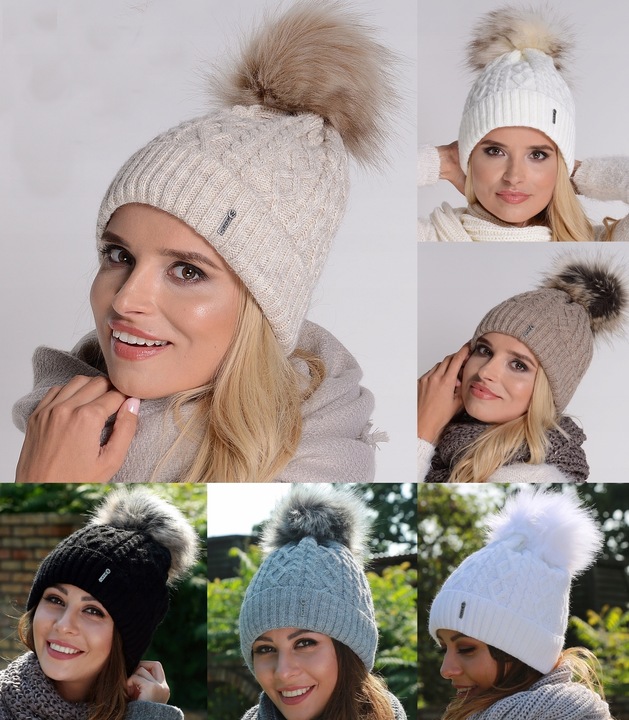 Czapka Damska Z Pomponem Zimowa kremowa Ciepła czapka z polarem PL - ECRU