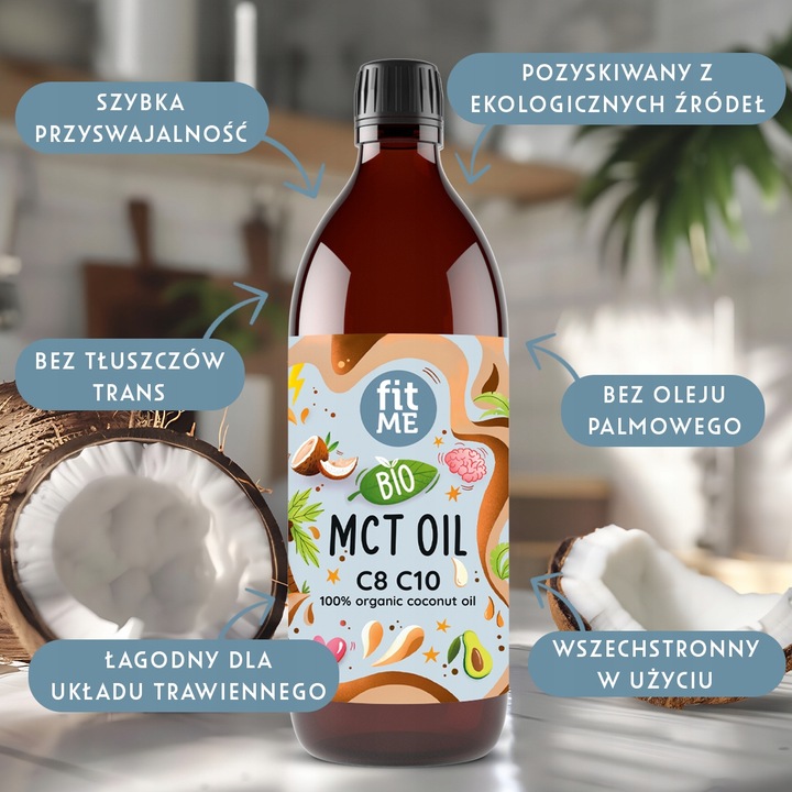 Olej MCT BIO z kokosa 500 ml 100 % kokosowy Coconut keto C8+C10 + pompka