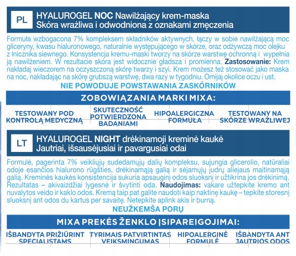 Mixa Hyalurogel nawilżający krem do twarzy na noc do skóry wrażliwej 50 ml