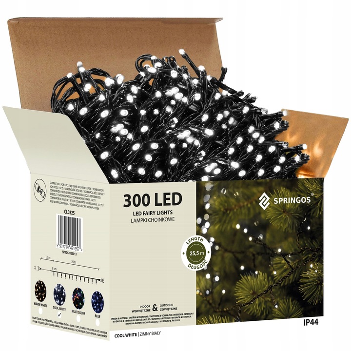 LAMPKI CHOINKOWE 300LED 19,5 m zewnętrzne GRUBE stałe światło ZIMNE BIAŁE