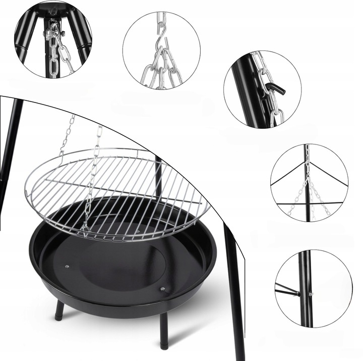 PALENISKO TRÓJNÓG GRILL OGRODOWY OGNISKOWY WISZĄCY DUŻY RUSZT CHROMOWANY 50