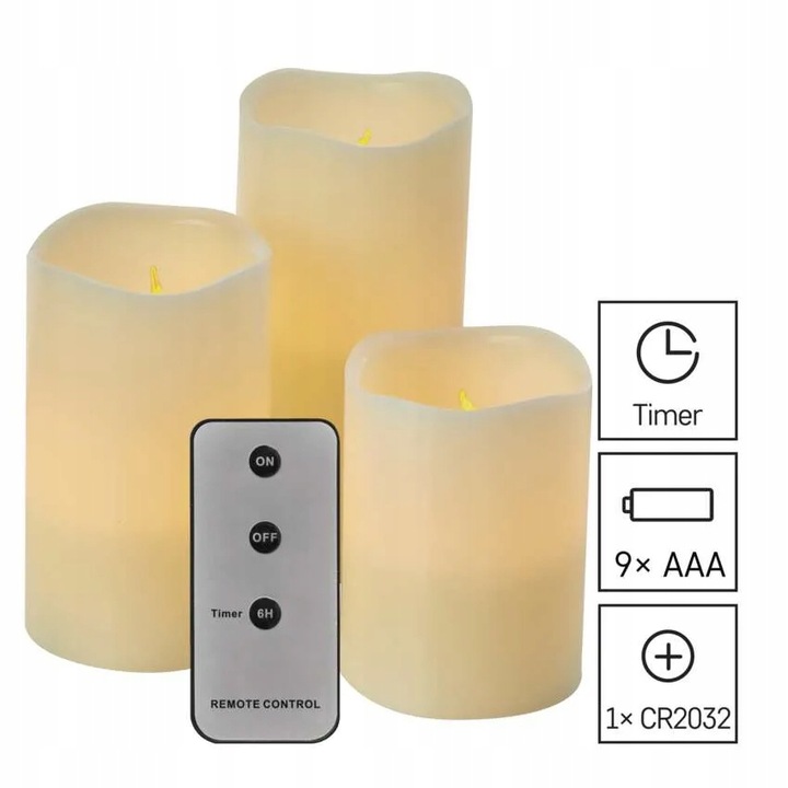 Świece woskowe świąteczne LED na baterie 9xAAA vintage timer 3 szt. pilot