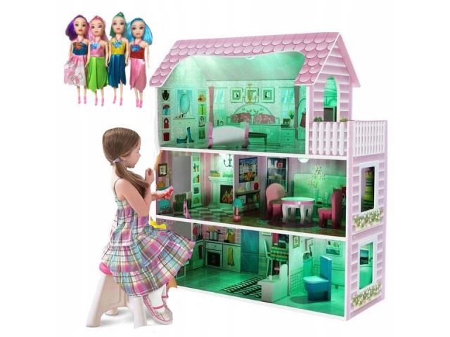 DUŻY DREWNIANY DOMEK DLA LALEK XXL ŚWIATŁA LED zestaw MEBLE OŚWIETLENIE MDF