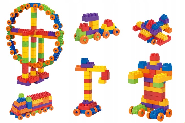 KLOCKI PLASTIKOWE DUŻE KOLOROWE POCIĄG BUDOWLANE zestaw w torbie XXL 400el