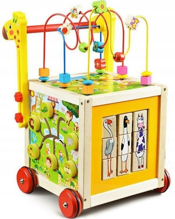 DUŻY DREWNIANY CHODZIK PCHACZ KOSTKA EDUKACYJNA 7w1 MONTESSORI + MULA