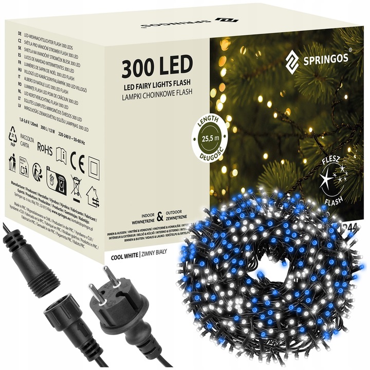 LAMPKI CHOINKOWE 300LED 24m zewnętrzne GRUBE ZIMNE BIAŁE + NIEBIESKI FLASH