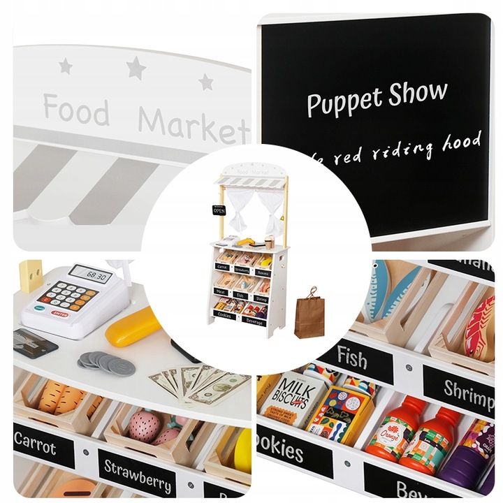 DREWNIANY STRAGAN TEATRZYK MINI MARKET SKLEP WARZYWNIAK Z AKCESORIAMI