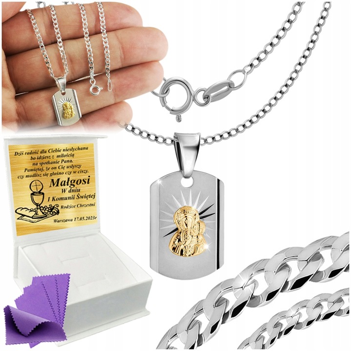 SREBRNY ŁAŃCUSZEK KOMUNIJNY Z MEDALIKIEM SREBRO 925 KOMUNIA CHRZEST GRAWER