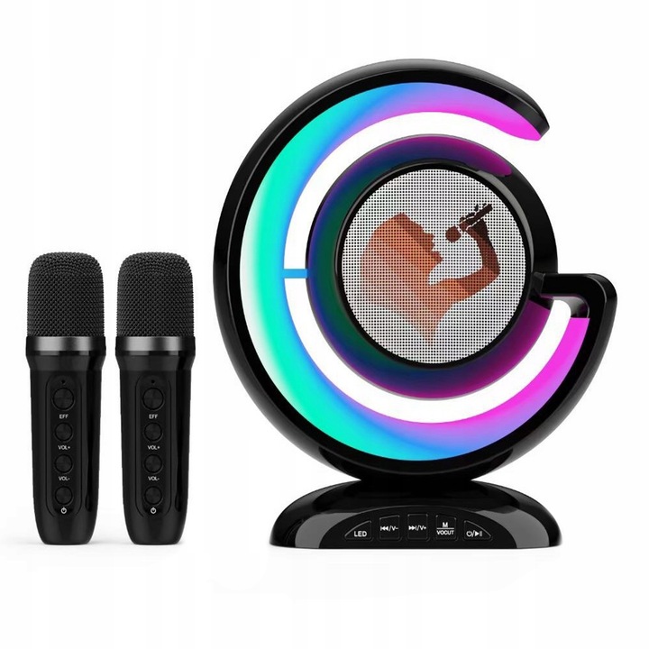 GŁOŚNIK BLUETOOTH PRZENOŚNY KARAOKE RGB 2 MIKROFONY USB SD MINI JACK