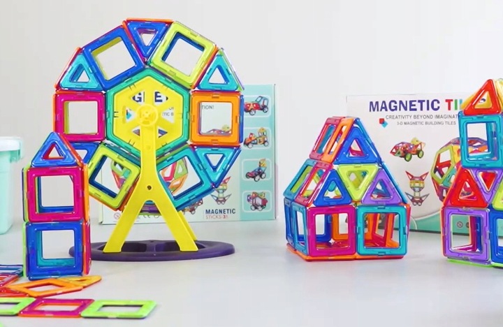 KLOCKI MAGNETYCZNE 3D koło młyńskie pojazdy ZESTAW Magnetic Tiles 72 el.